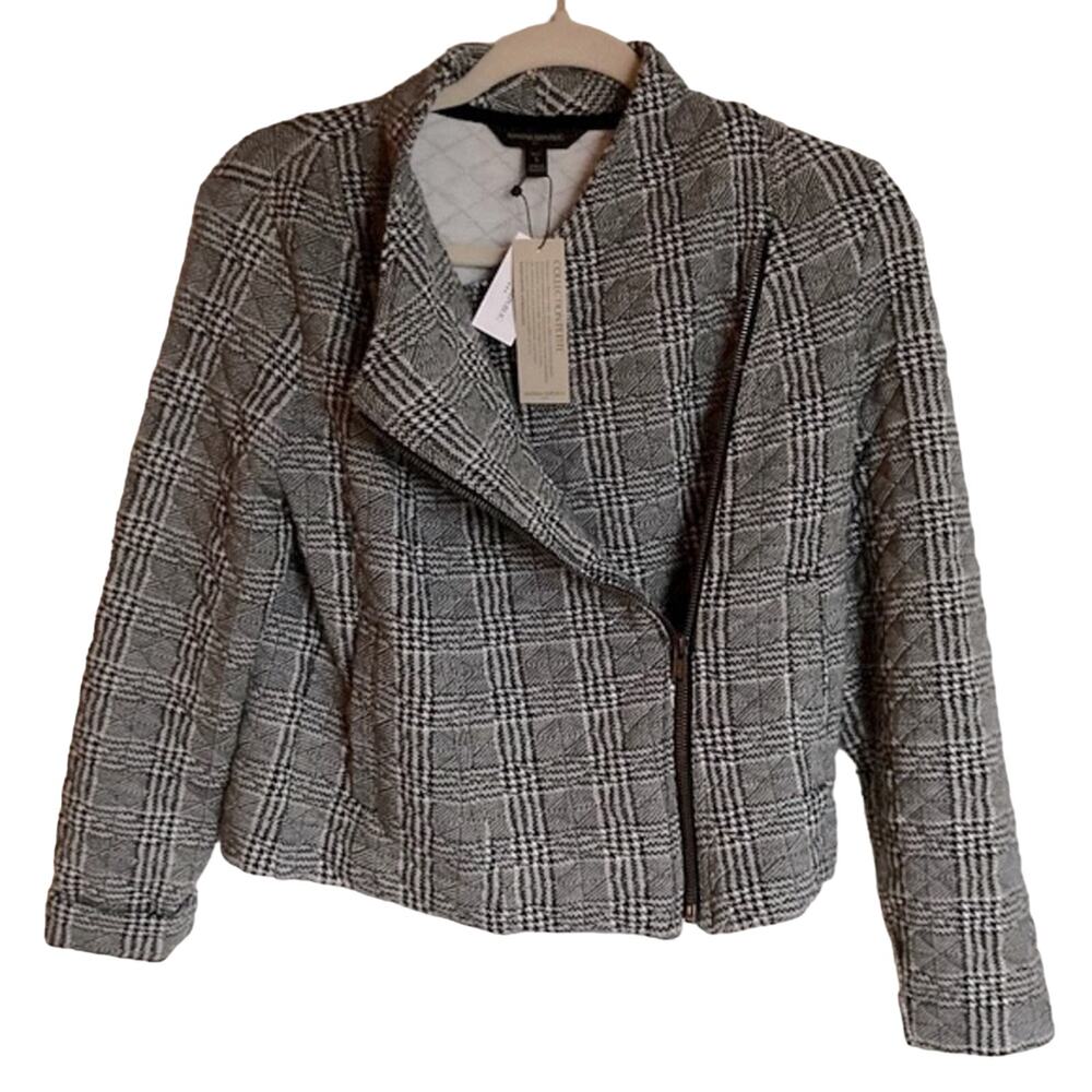 Banana Republic Factory Womens SP Grey Plaid Quilted Crop Moto Jacket Academia